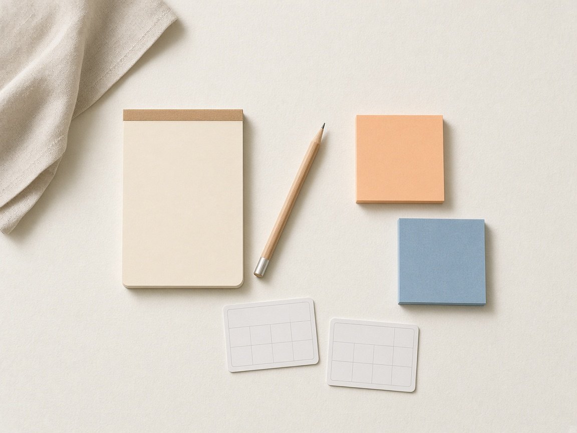 Concept still: notepad, pencil, and blank planning cards on a pale desk